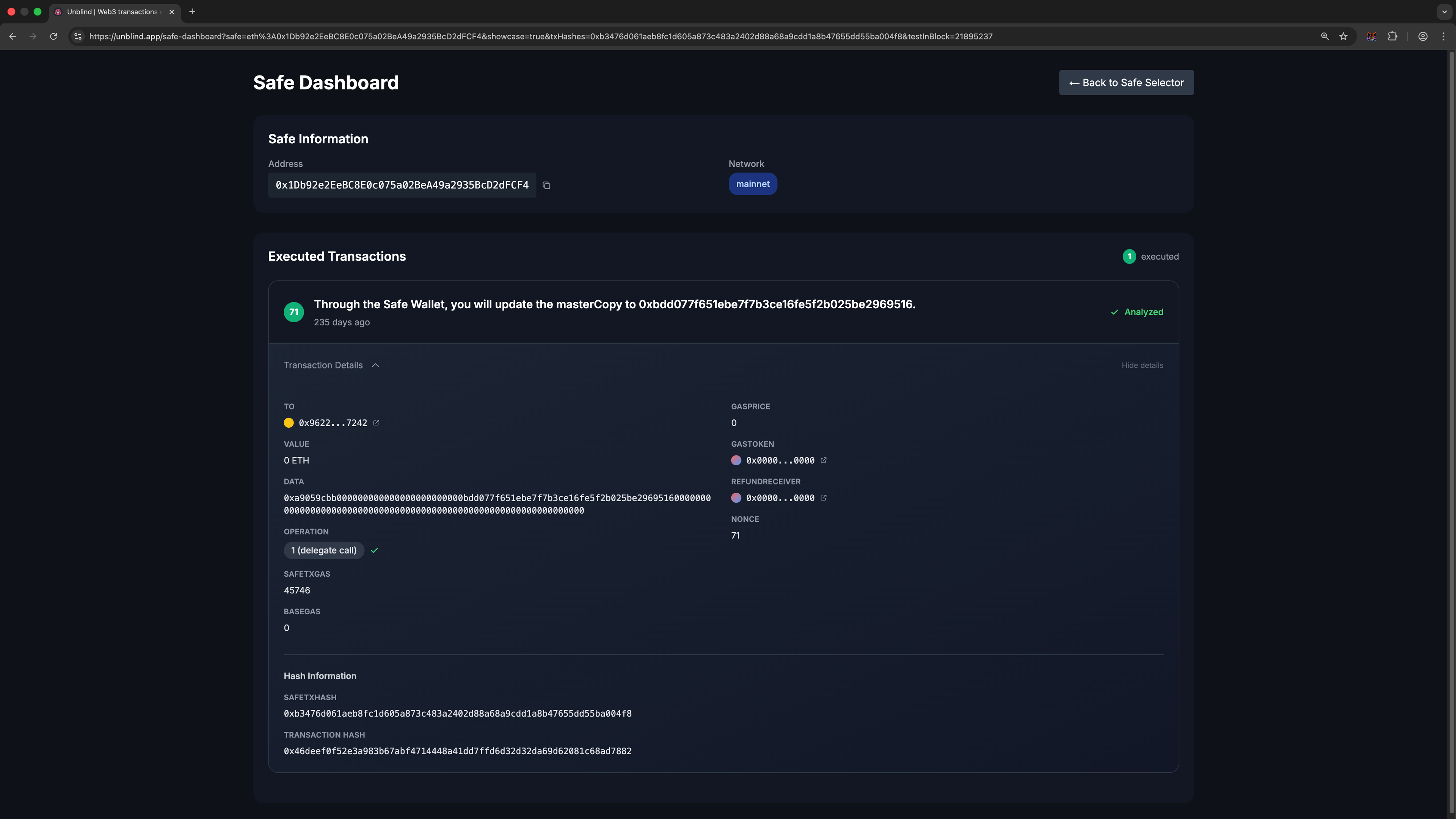 Unblind Safe Dashboard interface