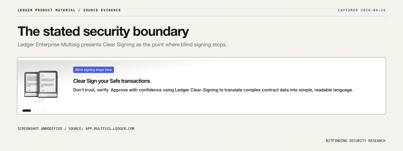 Ledger Enterprise Multisig presents Clear Signing as the point where blind signing stops